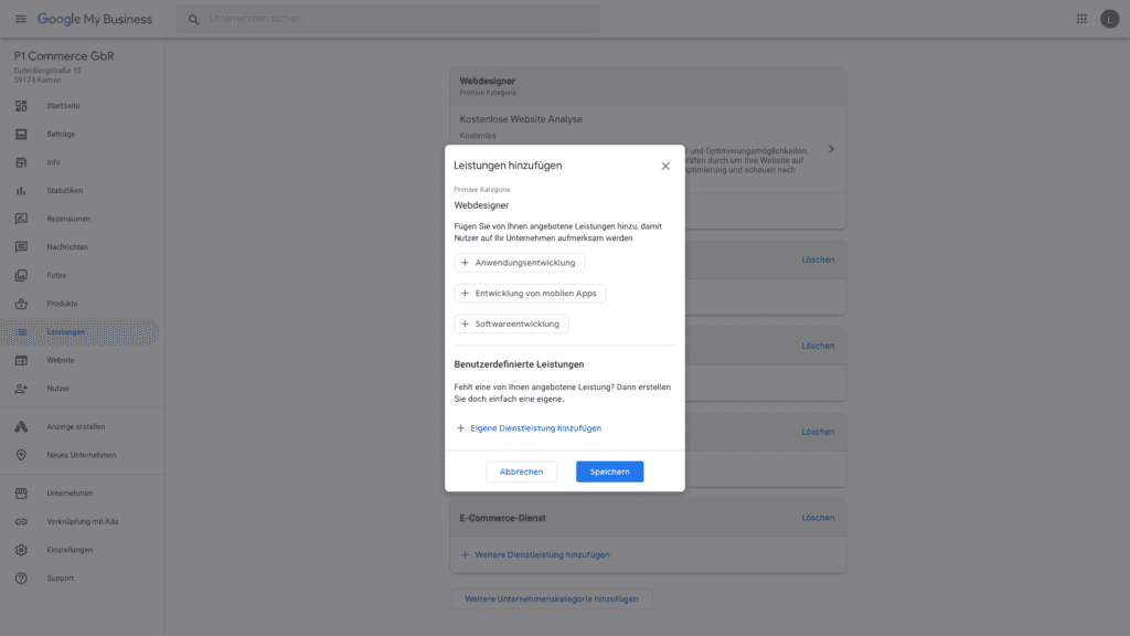 Google My Business Leistungen hinzufügen