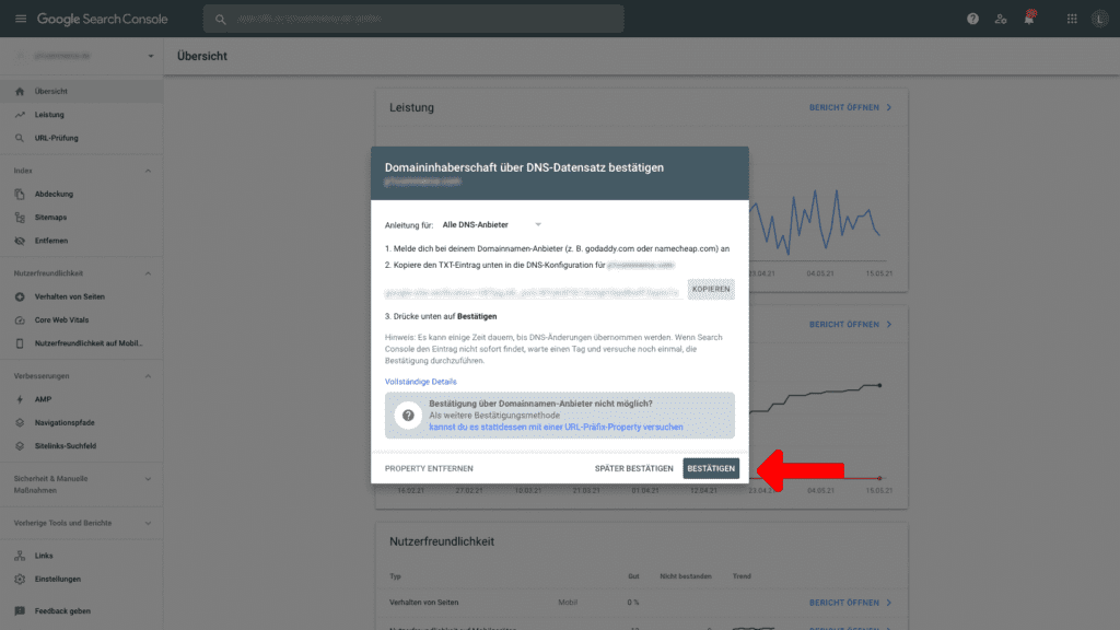 google search console domain hinzufuegen domaininhaberschaft dns bestaetigen