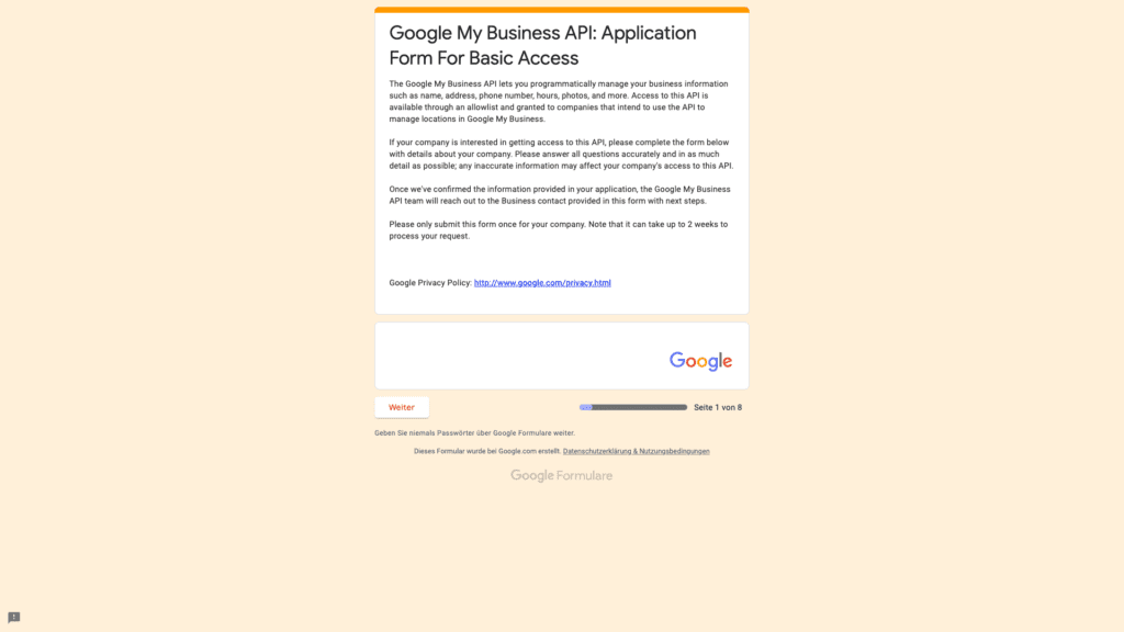 Google My Business API Formular für Zugriffsanfragen