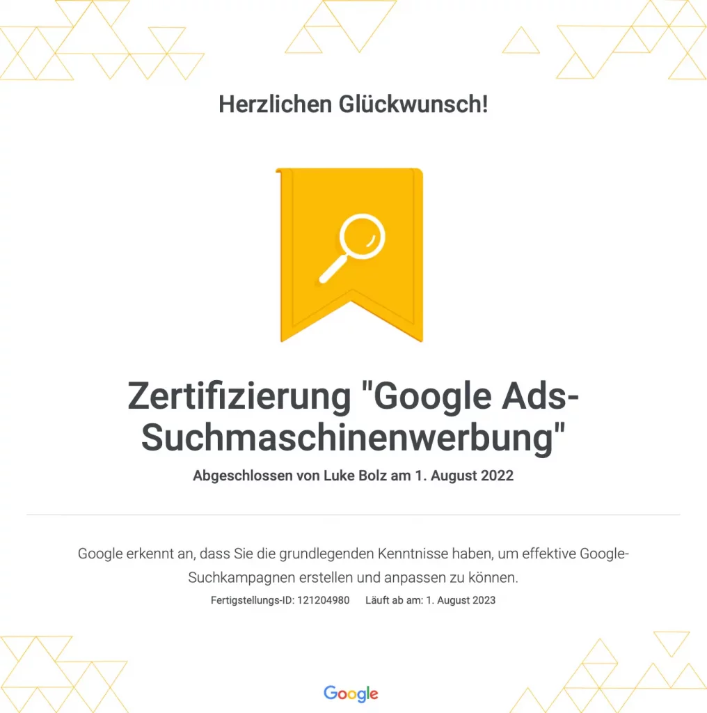 Zertifizierung Google Ads Suchmaschinenwerbung P1 Commerce